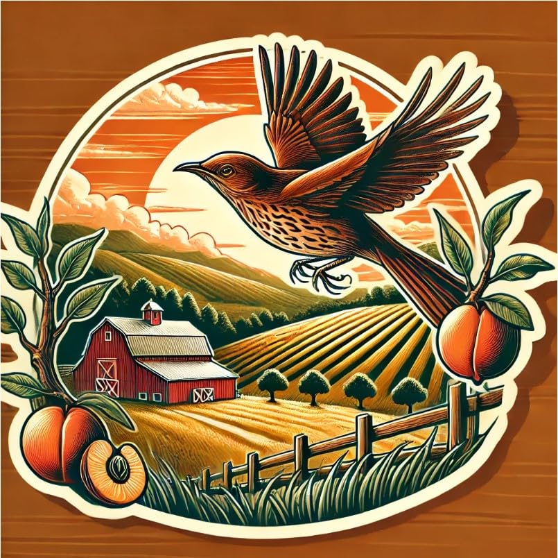 Vinyl sticker: Laptop Wall Car Window Bumper Sticker Waterproof Auto Decal Truck Water Bottle – Brown Thrasher Flying Over Georgia Hills with Peach Trees and Southern Barn Scene
