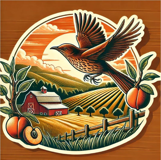 Vinyl sticker: Laptop Wall Car Window Bumper Sticker Waterproof Auto Decal Truck Water Bottle – Brown Thrasher Flying Over Georgia Hills with Peach Trees and Southern Barn Scene
