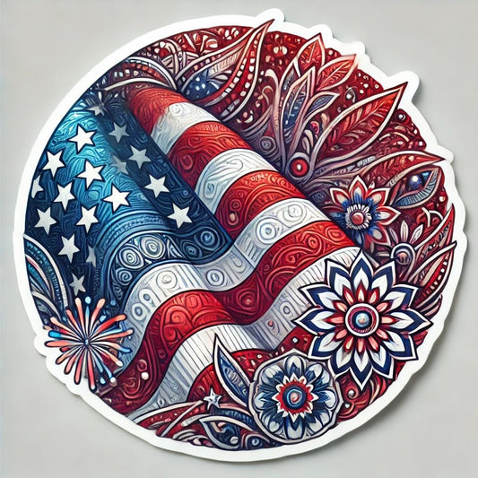Vinyl sticker: 4th of July American Flag Sticker for Laptop, Wall, Car, Window, Bumper, Water Bottle - Patriotic Decal with Mandala Center - Waterproof and Durable (6)