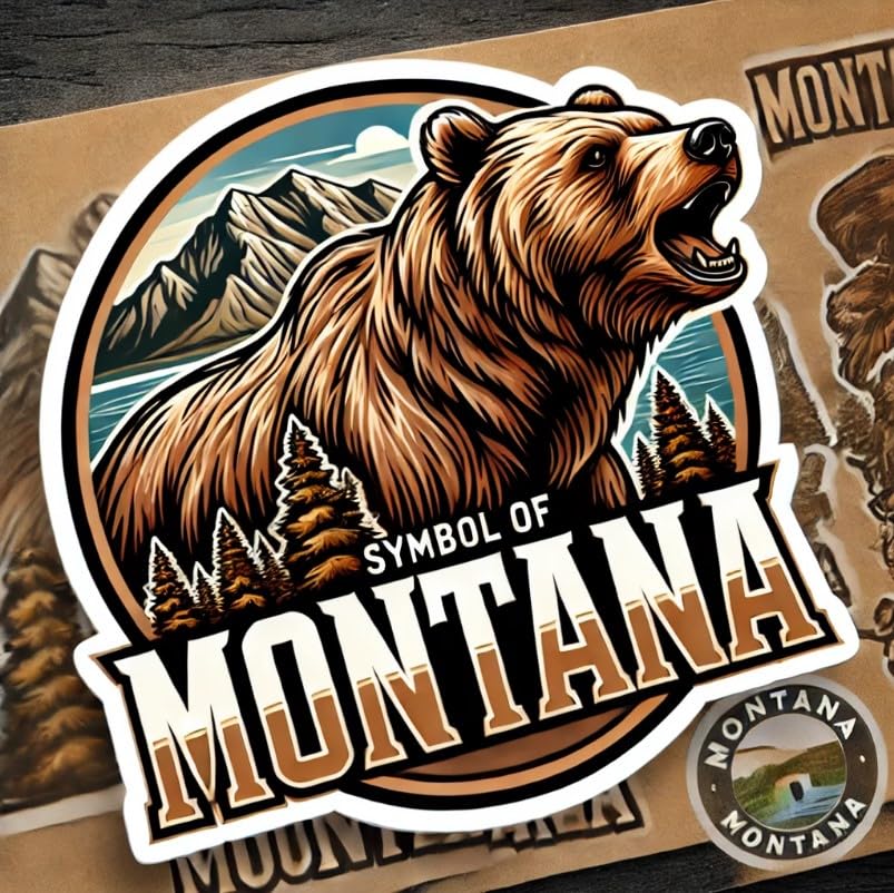 Vinyl sticker: Montana Grizzly Bear Scenic Laptop Wall Car Window Bumper Sticker Decal Truck Waterproof Auto Water Bottle. Variation 24