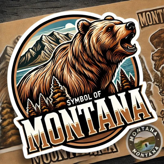 Vinyl sticker: Montana Grizzly Bear Scenic Laptop Wall Car Window Bumper Sticker Decal Truck Waterproof Auto Water Bottle. Variation 24