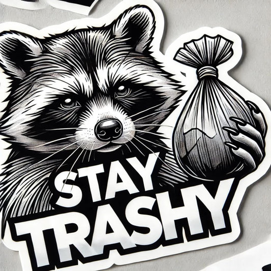 Vinyl sticker: Focused Raccoon Sticker for Laptop, Wall, Car, Window, Bumper - Stay Trashy Decal for Truck, Waterproof Auto, Water Bottle - Detailed Monochrome Art.