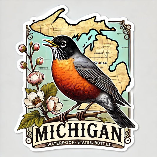 Vinyl sticker: Waterproof Bumper Window Sticker of Singing American Robin Michigan Bird on Spring Flowers Decal for Laptop Car Truck Wall Auto Water Bottle Emblem Design (6)