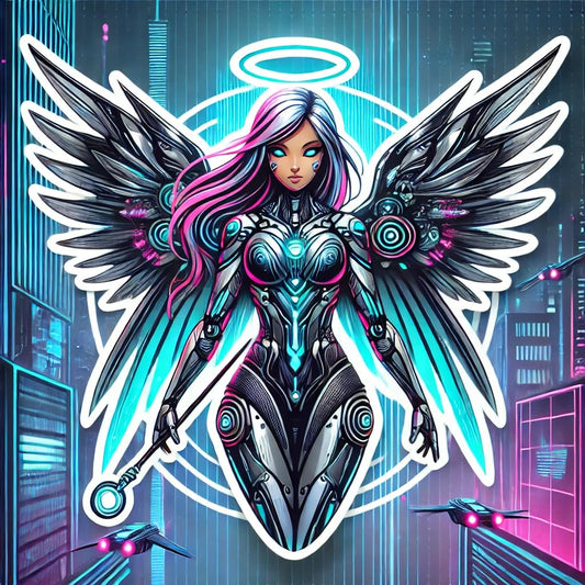 Vinyl sticker: Futuristic Angel Vinyl Decal for Laptop, Car, Window, Bumper, Water Bottle - UV Resistant Holographic Design