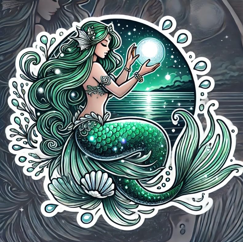 Vinyl sticker: Mystical Mermaid Laptop Wall Car Window Bumper Sticker Decal - Emerald Green Silver Scales, Radiant Pearl, Twilight Sea, Waterproof, Auto, Water Bottle Decor