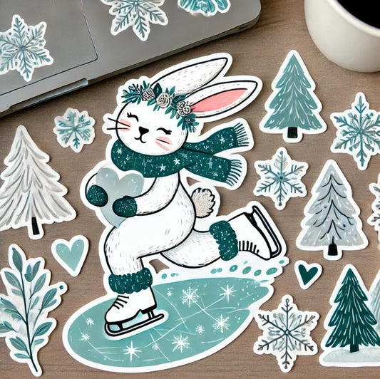 Vinyl sticker: Winter Rabbit Sticker for Laptop, Car, Wall, Window, Waterproof Decal for Bumper, Truck and Bottles