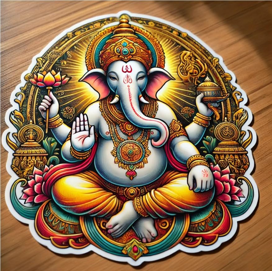 Vinyl sticker: Beautiful Ganesha Blessing Laptop, Car, Water Bottle, Window Sticker - Vibrant Colors and Good Luck Symbols - Waterproof Decal for Bumpers and Auto