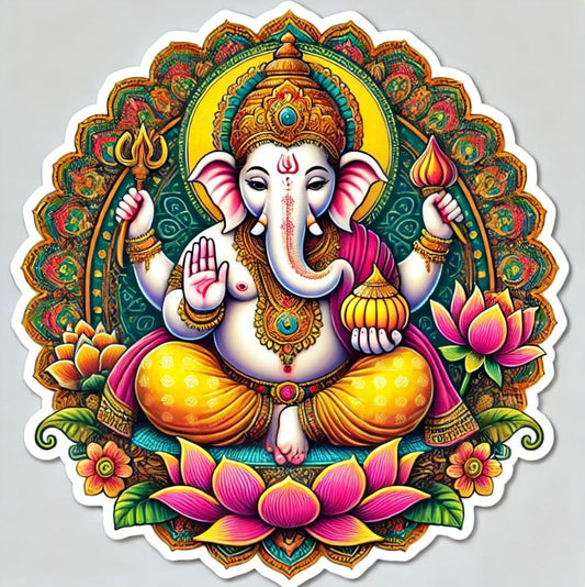 Vinyl sticker: Ganesha Blessing with Modak Laptop, Car, Water Bottle, Window Sticker - Lotus Flowers and Vibrant Patterns - Good Luck and Prosperity Waterproof Decal for Bumpers and Auto