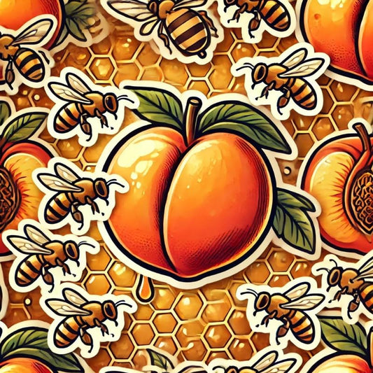 Vinyl sticker: Laptop Wall Car Window Bumper Sticker Waterproof Auto Water Bottle Decal Truck – Georgia Peach Surrounded by Bees with Honeycomb Background Sweet Southern Summer Design