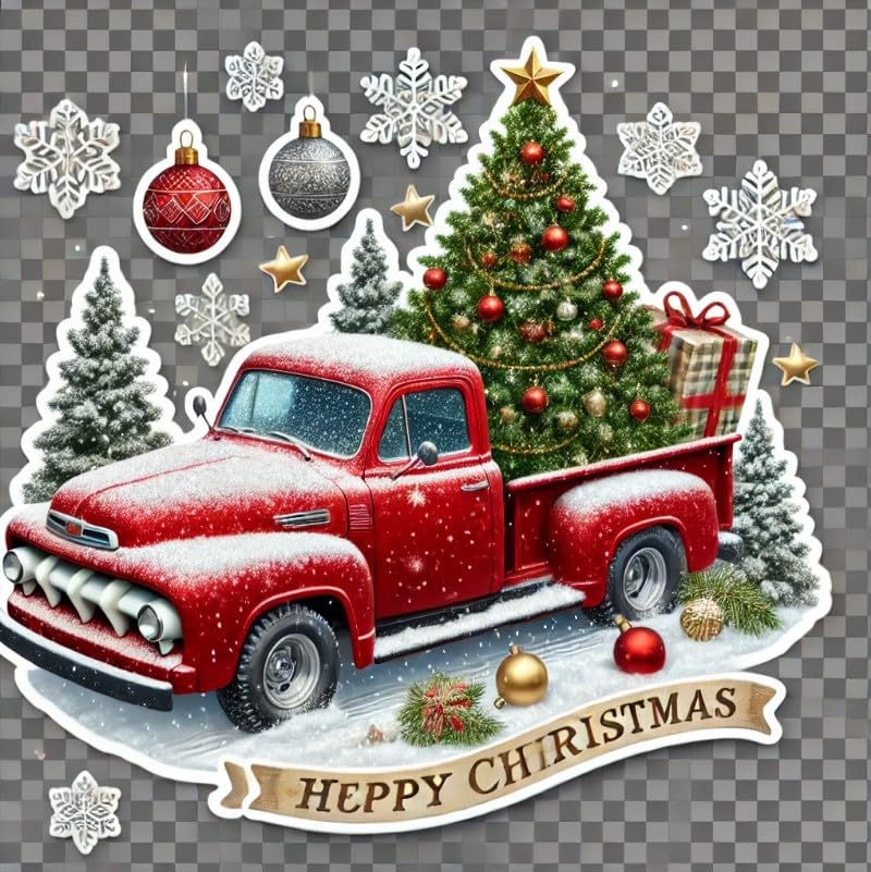 Vinyl sticker: Christmas Nostalgic Red Truck with Snowy Tree Laptop Wall Car Window Bumper Sticker Decal for Truck Waterproof Auto and Water Bottle
