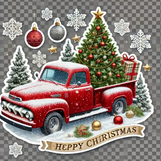 Vinyl sticker: Christmas Nostalgic Red Truck with Snowy Tree Laptop Wall Car Window Bumper Sticker Decal for Truck Waterproof Auto and Water Bottle