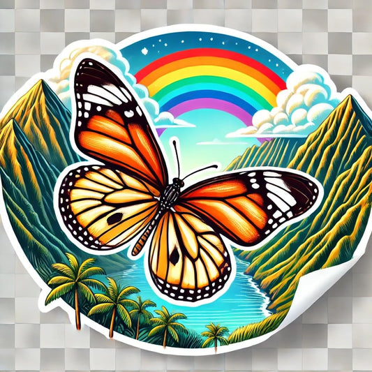 Vinyl sticker: Laptop Car Bumper Waterproof Window Wall Sticker Decal for Auto Truck Water Bottle – Vanessa tameamea Butterfly Flying by Rainbow Over Hawaiian Mountains in Nature Design