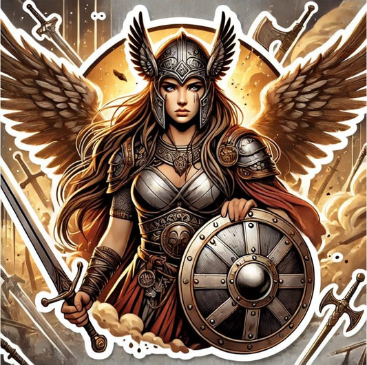 Vinyl sticker: Laptop Wall Car Window Bumper Sticker Decal Truck Waterproof Auto Water Bottle – Realistic Freyja Norse Goddess Warrior with Golden Shield and Winged Helmet on Battlefield