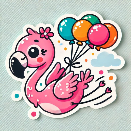 Vinyl sticker: Whimsical Flamingo Decal Sticker for Laptop, Wall, Car, Window, Bumper, Truck, Waterproof Auto, and Water Bottle - Fun Flamingo Flying with Balloons