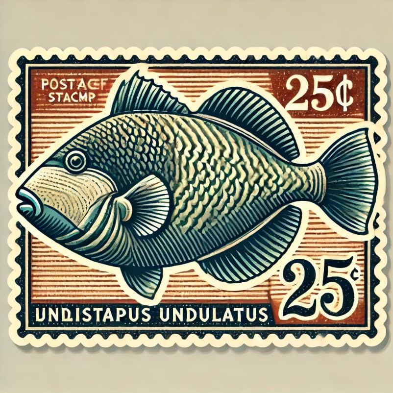 Vinyl sticker: Laptop Wall Car Window Bumper Sticker Decal Truck Waterproof Auto Water Bottle – Vintage Postage Stamp Undulated Triggerfish with Retro Border and Value Mark