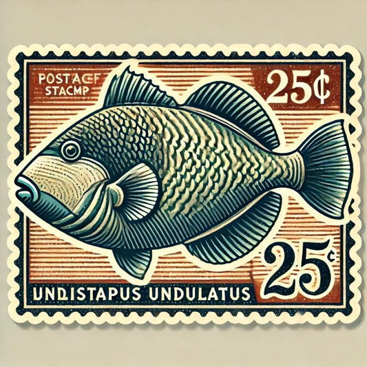 Vinyl sticker: Laptop Wall Car Window Bumper Sticker Decal Truck Waterproof Auto Water Bottle – Vintage Postage Stamp Undulated Triggerfish with Retro Border and Value Mark