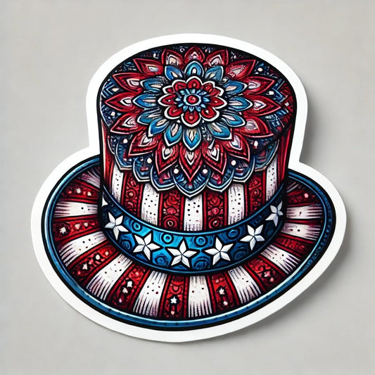 Vinyl sticker: 4th of July Top Hat Sticker for Laptop, Wall, Car, Window, Bumper, Water Bottle - Patriotic Decal with Mandala Center - Waterproof and Durable