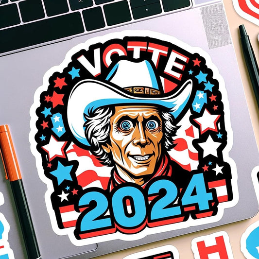 Vinyl sticker: 2024 USA Elections Funny Cartoon Andrew Jackson Vote Sticker Decal for Laptop, Wall, Car, Window, Bumper, Truck, Waterproof, Auto, Water Bottle (8)