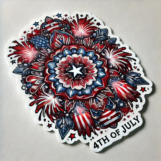 Vinyl sticker: 4th of July Fireworks Sticker for Laptop, Wall, Car, Window, Bumper, Water Bottle - Patriotic Decal with Mandala Center - Waterproof and Durable