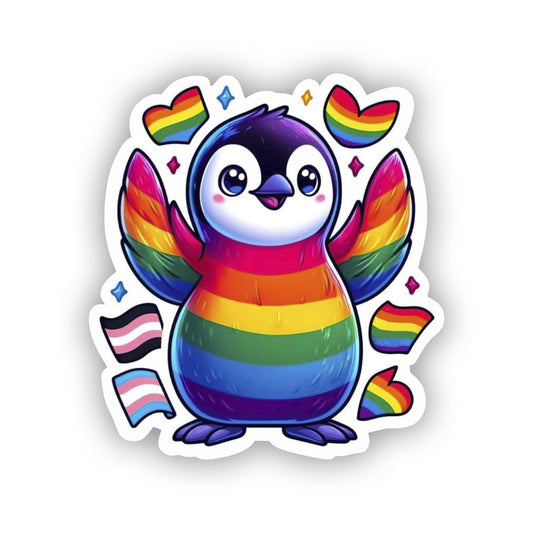 Vinyl sticker: Playful Rainbow Penguin LGBTQ+ Pride Sticker Decal for Laptop, Wall, Car, Window, Bumper, Waterproof, Truck, Water Bottle