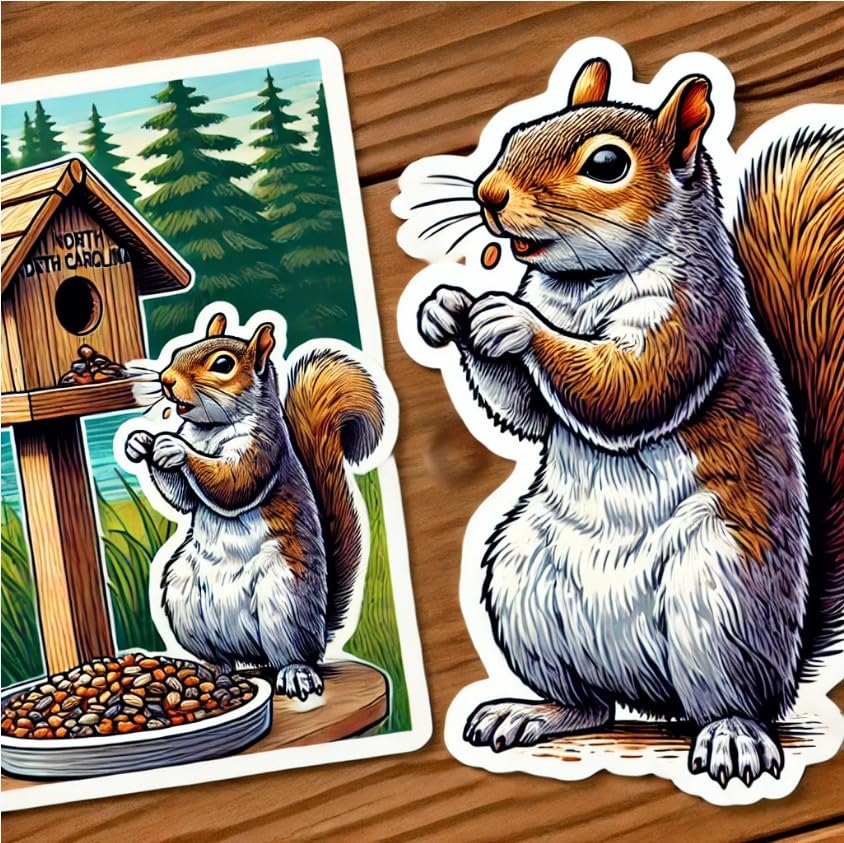 Vinyl sticker: Bird Feeder Eastern Gray Squirrel Laptop Wall Car Window Bumper Sticker Decal Truck Waterproof Auto Water Bottle