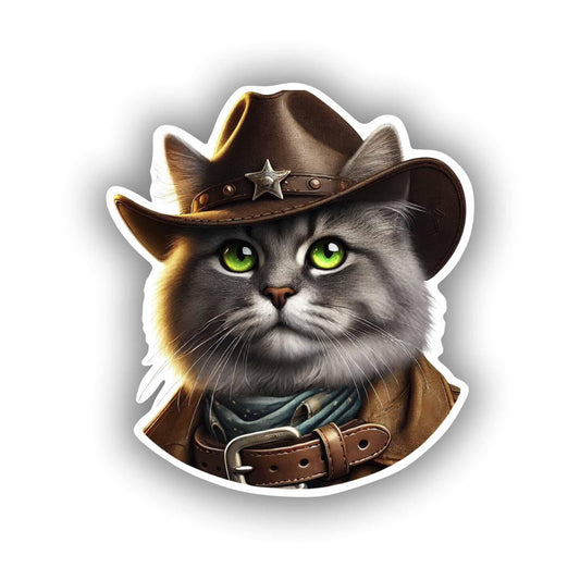 Vinyl sticker: Laptop Wall Car Window Bumper Sticker Decal Truck Waterproof Auto Water Bottle – Gray Cowboy Cat with Green Eyes and Leather Belt