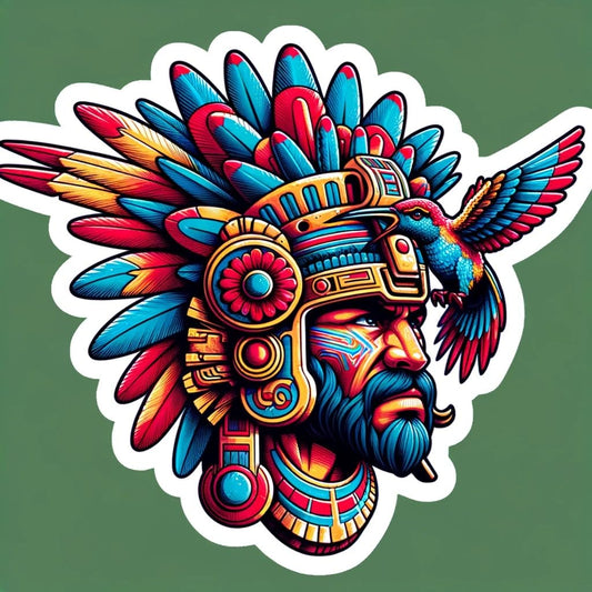 Vinyl sticker: Aztec God Huitzilopochtli Sticker - Bold Human Form War God Decal for Laptop, Wall, Car, Window, Bumper, Water Bottle, and More