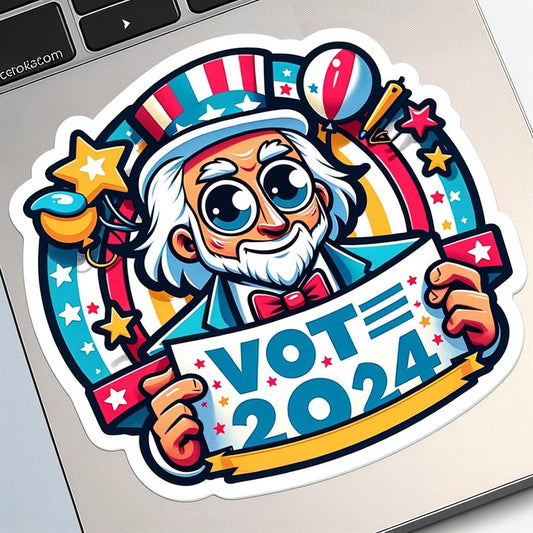 Vinyl sticker: 2024 USA Elections Funny Cartoon John Quincy Adams Vote Sticker Decal for Laptop, Wall, Car, Window, Bumper, Truck, Waterproof, Auto, Water Bottle