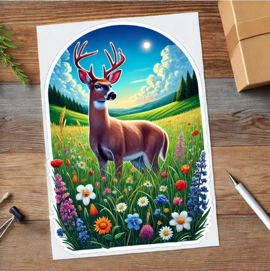 Vinyl sticker: White-Tailed Deer Spring Meadow Vinyl Sticker for Laptop, Wall, Car, Window, Bumper, Truck, Waterproof Auto, Water Bottle. Variation 14