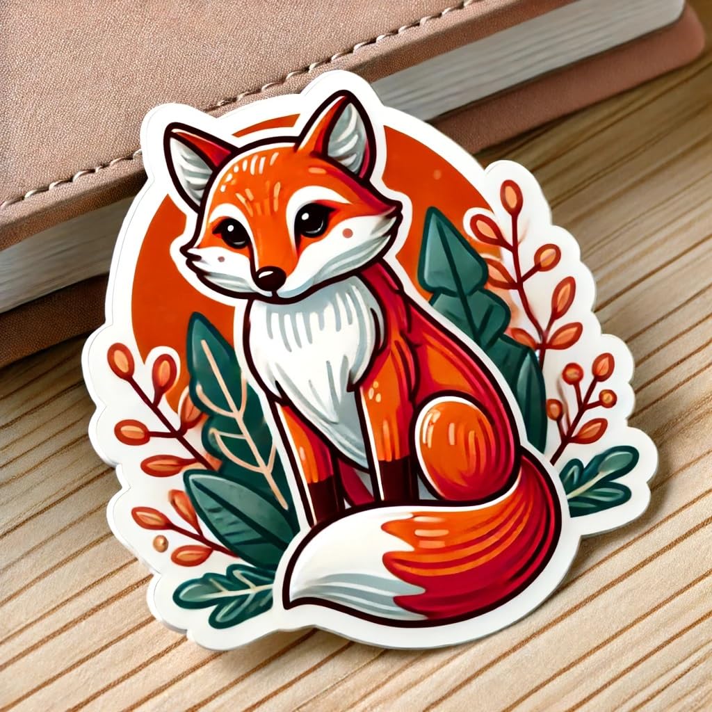 Vinyl sticker: Cute Fox Sticker - Vibrant Vinyl Decal for Laptop, Wall, Car, Window, Bumper, Truck, Water Bottle - Fox Sitting in Forest Design