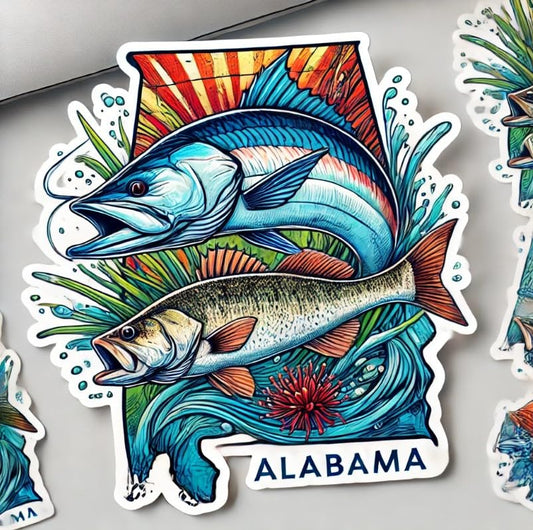 Vinyl sticker: Atlantic Tarpon and Largemouth Bass Alabama Fishing Symbol Laptop Wall Car Window Bumper Sticker Decal Waterproof Auto Water Bottle Aquatic Scenic Design