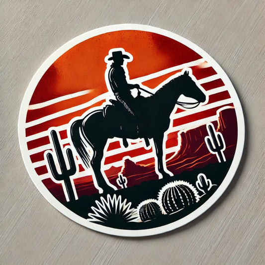 Vinyl sticker: Cowboy on Horseback with Setting Sun Laptop Wall Car Window Bumper Sticker Decal Truck Waterproof Auto Water Bottle