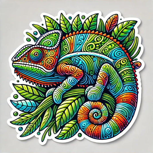 Vinyl sticker: Colorful Chameleon Blending into Leafy Background Sticker Decal for Laptop, Wall, Car, Window, Bumper, Truck, Waterproof Auto, Water Bottle