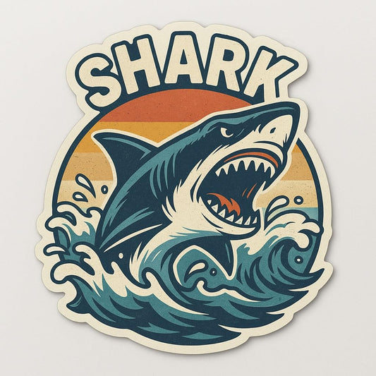 Vinyl sticker: Laptop Wall Car Window Bumper Sticker Decal Truck Waterproof Auto Water Bottle Shark Attack Retro Great White Jumping Waves Marine Predator Adventure (6)