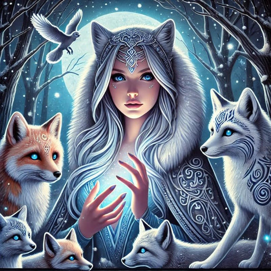 Vinyl sticker: Laptop Wall Car Window Bumper Sticker Decal Truck Waterproof Auto Water Bottle – Realistic Freyja Norse Goddess with Glowing Hands and Enchanted Foxes in Snowy Twilight Forest (6)