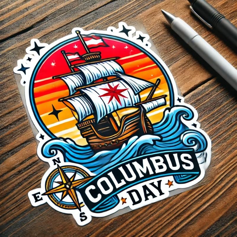 Vinyl sticker: Columbus Day Car, Laptop, Wall, Window, Bumper Sticker – Traditional Sailing Ship with Compass, Waterproof Decal for Auto, Water Bottles, and Trucks. (6)