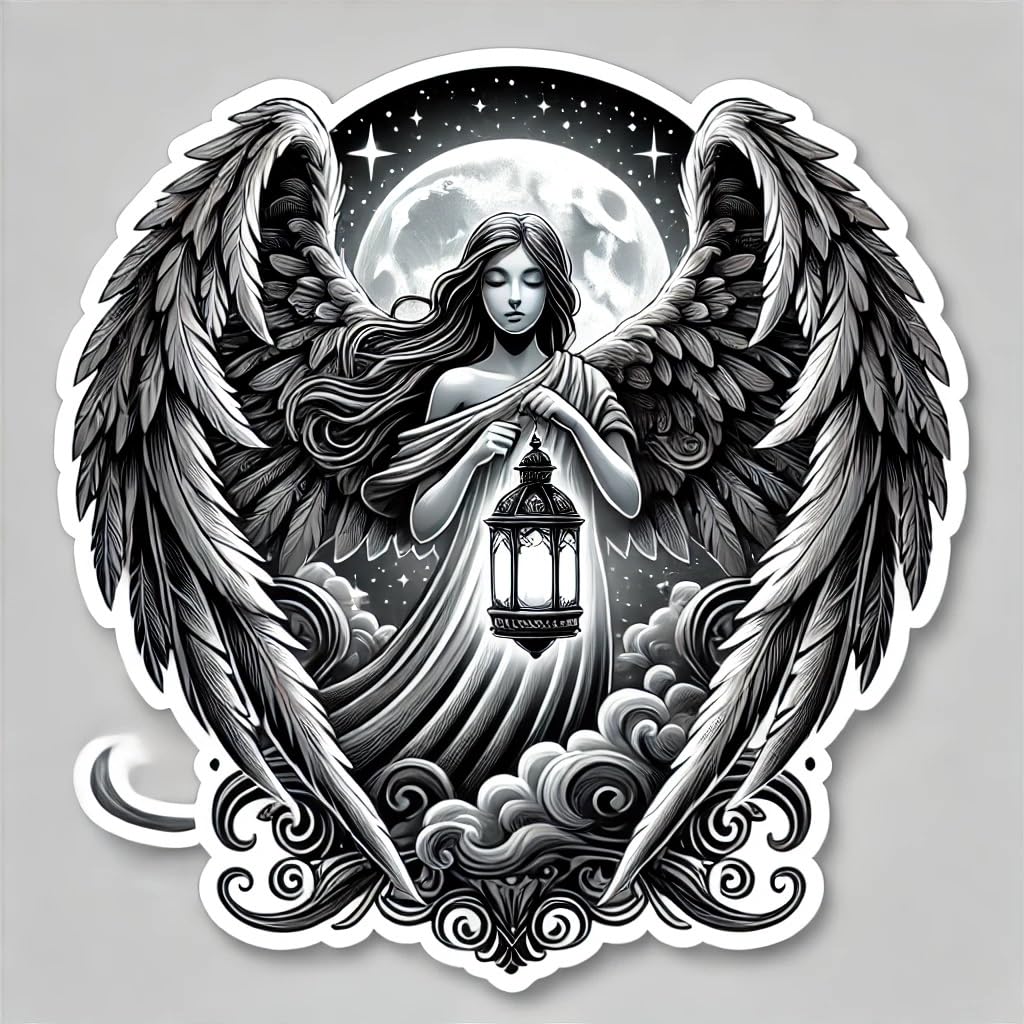 Vinyl sticker: Gothic Angel with Lantern and Wings – Waterproof Vinyl Sticker for Laptop, Car, Window, Wall, Bumper, Truck, Auto, Water Bottle