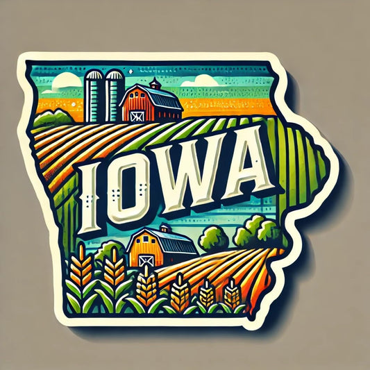 Vinyl sticker: Iowa State Outline Sticker, Waterproof Vinyl Decal for Laptop, Car, Wall, Window, Bumper, Truck, Water Bottle - Rural Farm Scene with Barn and Cornfields (4)