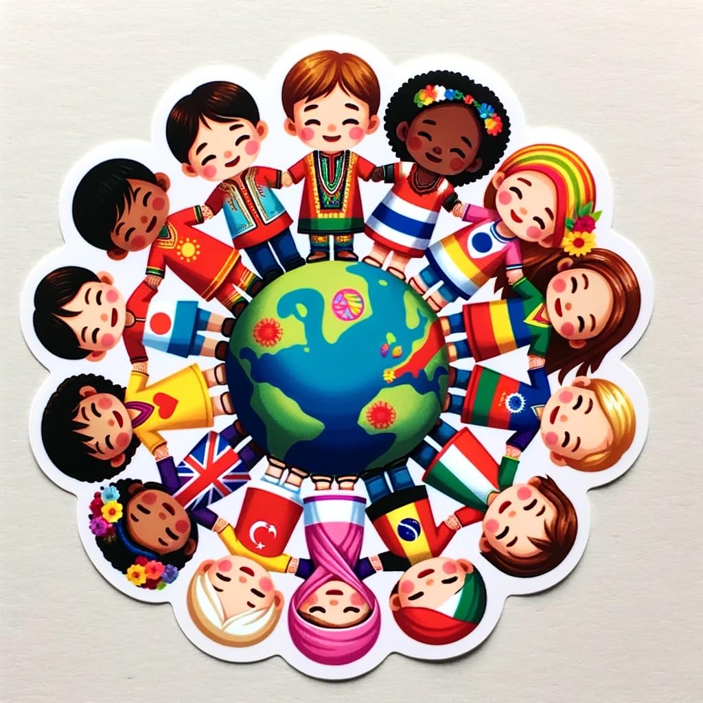 Vinyl sticker: Global Friendship Circle Sticker: Colorful Decal Celebrating International Unity for Laptops, Cars, and Windows