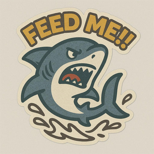 Vinyl sticker: Laptop Wall Car Window Bumper Sticker Decal Truck Waterproof Auto Water Bottle Feed Me Shark Retro Cartoon Hungry Ocean Predator Design