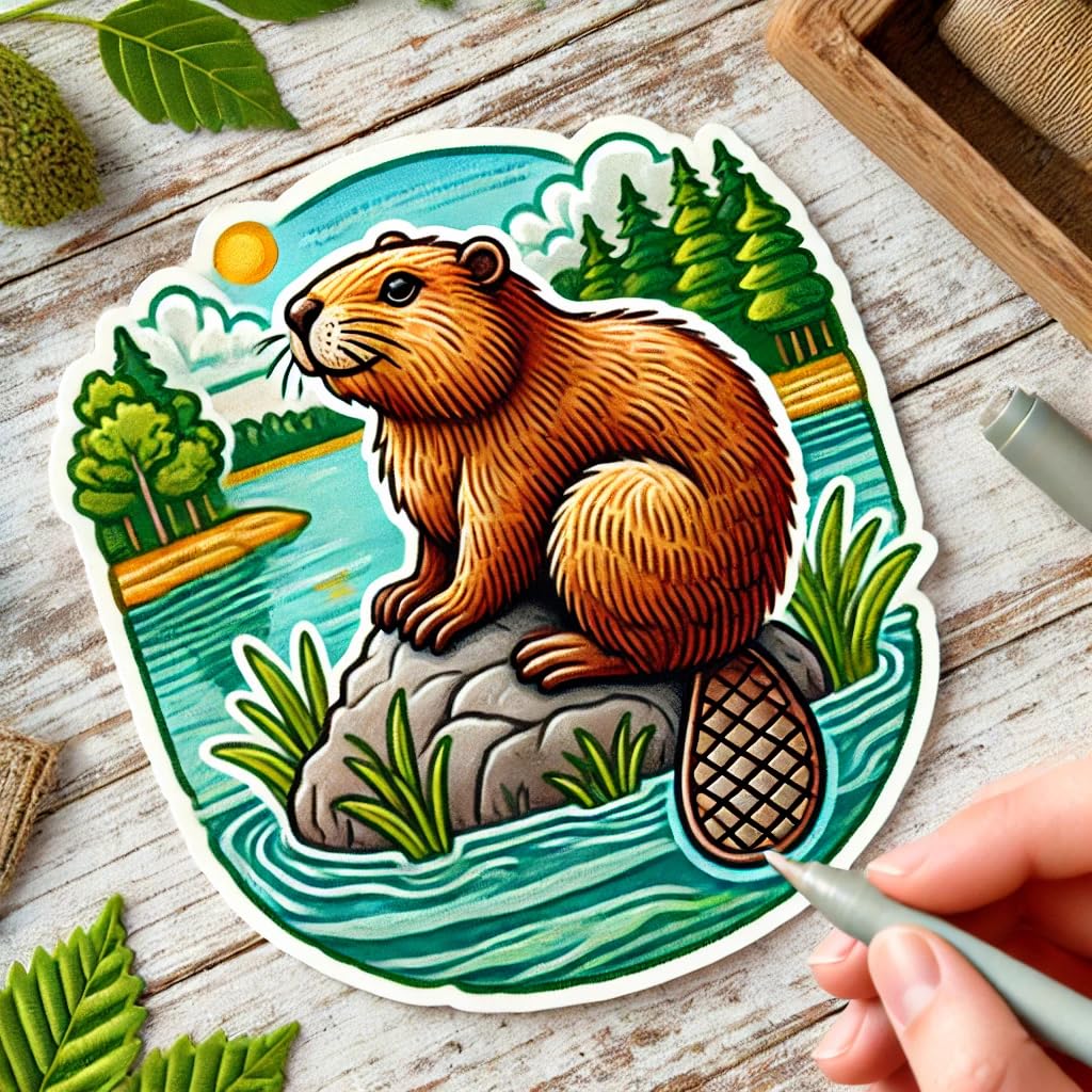 Vinyl sticker: Beaver Sticker for Laptop, Wall, Car, Window, Bumper, Truck - Handcrafted Design with Serene River and Lush Green Trees