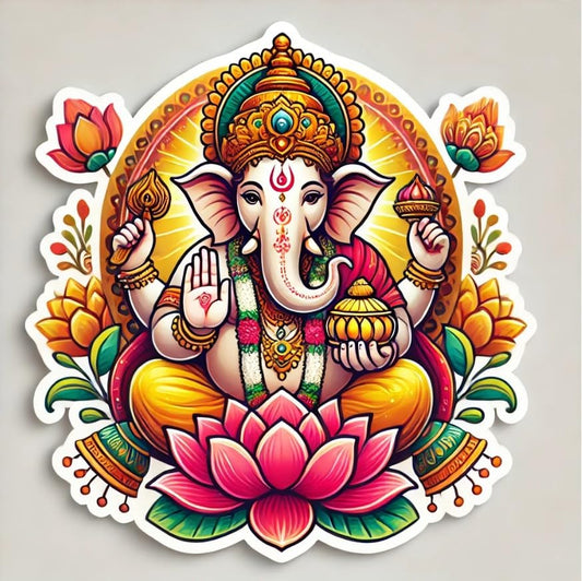 Vinyl sticker: Ganesha Blessing with Modak Laptop, Car, Water Bottle, Window Sticker - Vibrant Orange, Pink, and Gold Design - Prosperity and Good Fortune Waterproof Decal for Bumpers and Auto