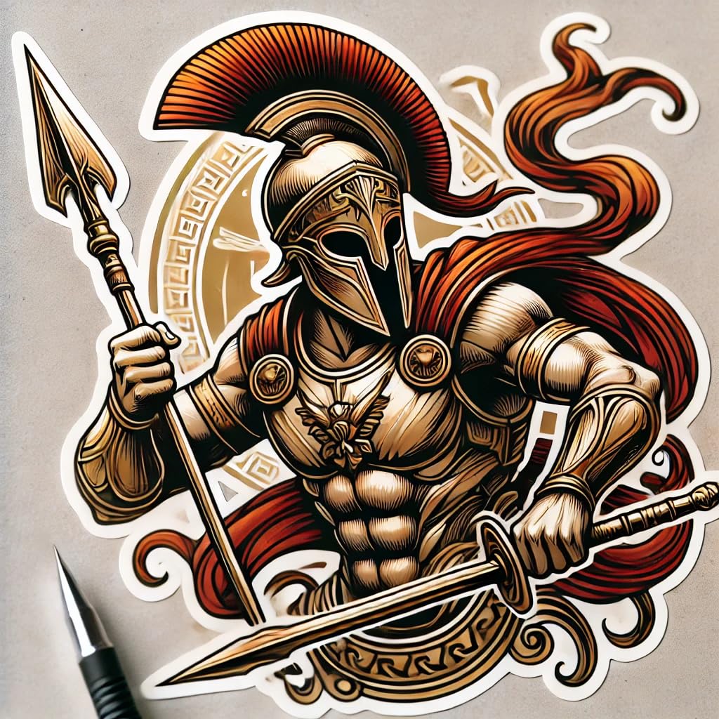 Vinyl sticker: Greek God Spartan Trojan Vinyl Sticker Decal - Dynamic Spear Warrior Pose Design for Laptop, Wall, Car, Window, Bumper, Truck - Waterproof, Durable Auto, and Water Bottle Decal