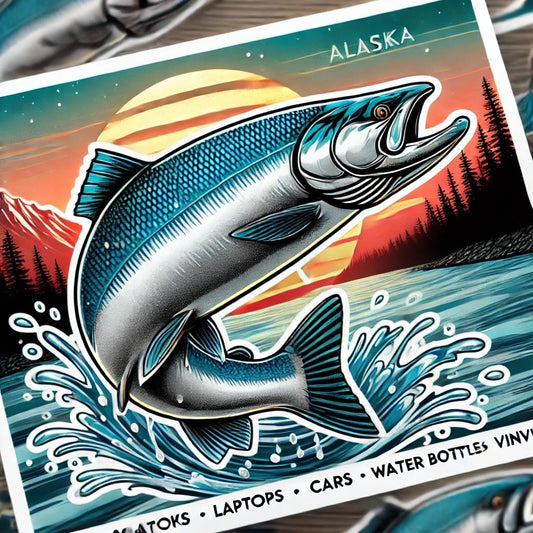 Vinyl sticker: Alaska Chinook Salmon Laptop Wall Car Window Bumper Sticker Decal Truck Waterproof Auto Water Bottle Sunset River Design