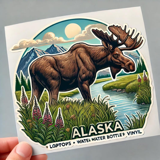 Vinyl sticker: Alaska Moose Laptop Wall Car Window Bumper Sticker Decal Truck Waterproof Auto Water Bottle River Wildflower Design