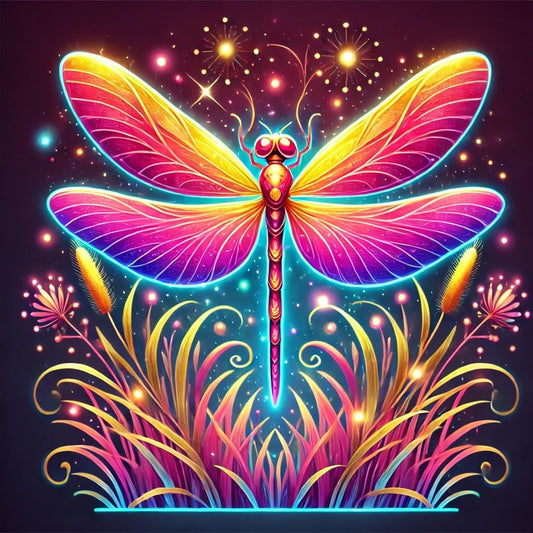 Vinyl sticker: Fantasy Dragonfly Laptop Wall Car Window Bumper Sticker – Luminous Wings Over Mystical Meadow Decal for Truck, Auto, Water Bottle, Waterproof