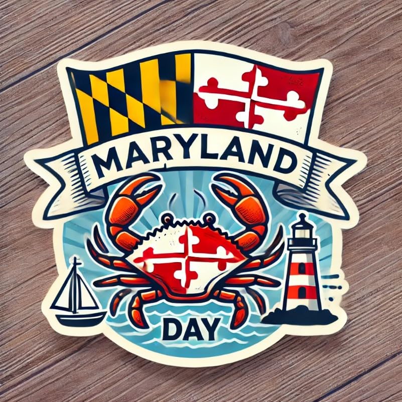 Vinyl sticker: Maryland Day Laptop Wall Car Window Bumper Sticker Decal Truck Waterproof Auto Water Bottle Vintage State Flag Crab Design (6)