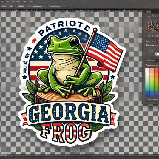 Vinyl sticker: Waterproof Laptop Wall Car Window Bumper Sticker Decal Truck Auto Water Bottle – Patriotic American Green Tree Frog on Stump Holding US Flag Georgia Pride