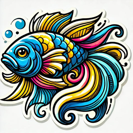 Vinyl sticker: Whimsical Colorful Fish with Dynamic Patterns Laptop Wall Car Window Bumper Sticker Decal for Truck Waterproof Auto Water Bottle