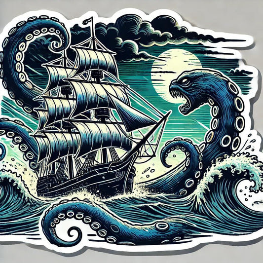 Vinyl sticker: Vintage Kraken and Sailing Ship Adventure Sticker - Waterproof Vinyl Decal for Laptop, Car, Wall, Window, Bumper, Truck, and Water Bottle